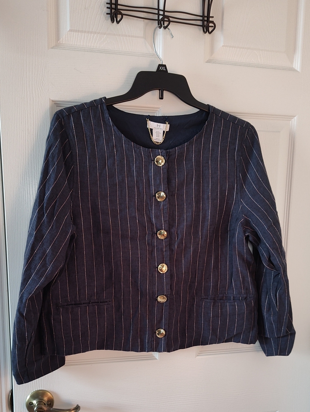 Halston Heritage Navy Pinstripe Gold-Button Jacket